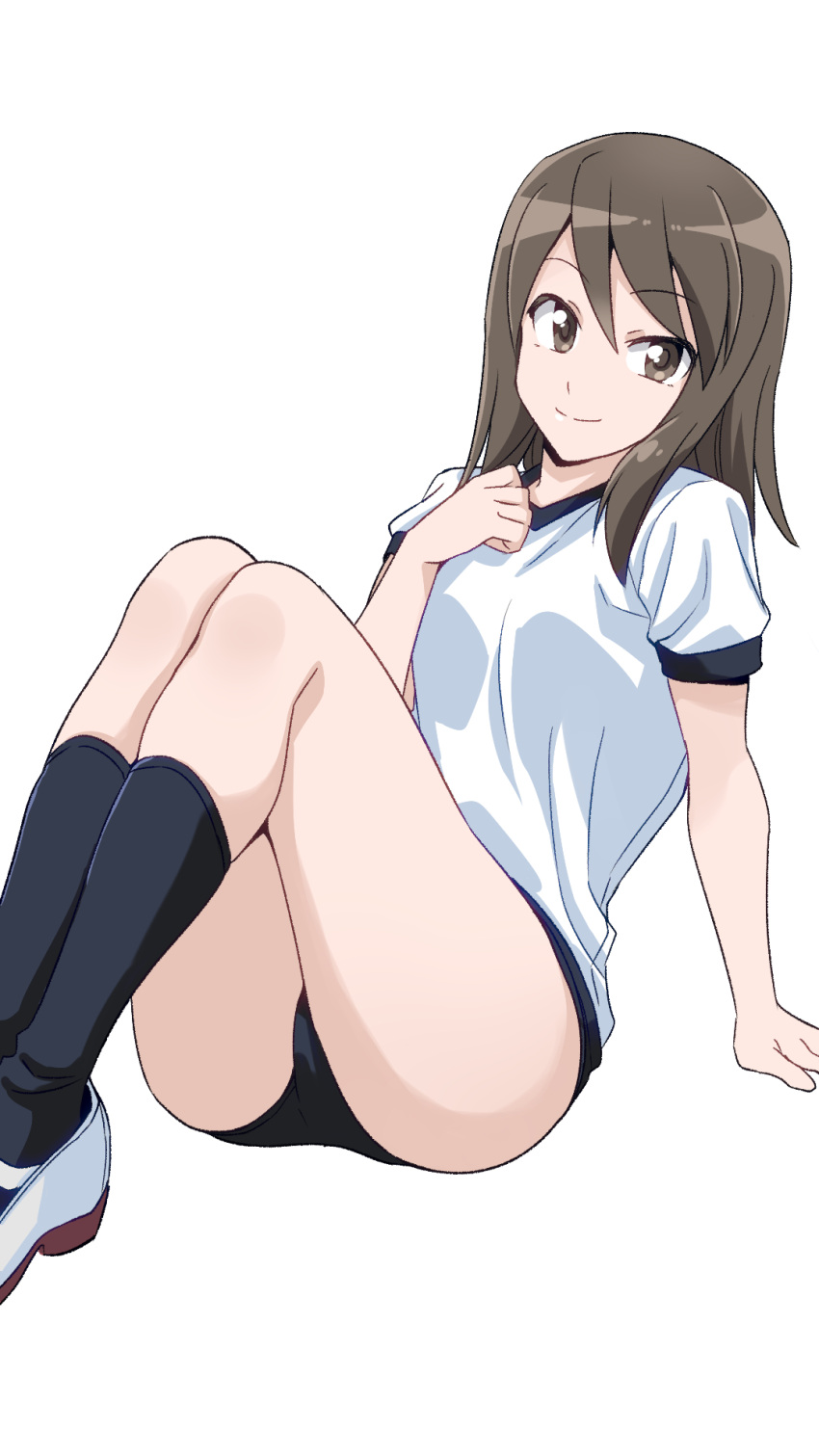 1girl arm_support black_buruma black_socks brown_eyes brown_hair buruma closed_mouth commentary girls_und_panzer gym_shirt gym_uniform highres leaning_back long_hair looking_at_viewer mika_(girls_und_panzer) no_headwear ponzu_rui shirt shoes short_sleeves simple_background sitting smile socks solo t-shirt uwabaki white_background white_shirt