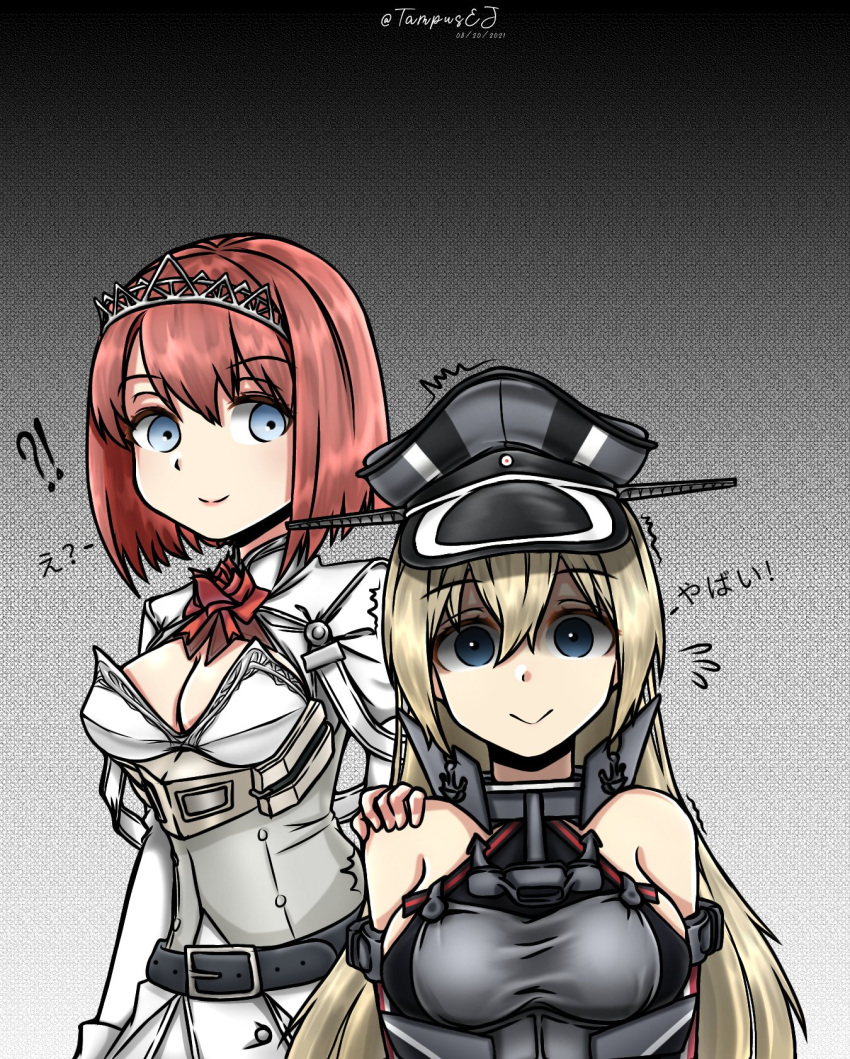 !? 2girls ark_royal_(kancolle) armor bangs bismarck_(kancolle) blonde_hair blue_eyes blunt_bangs bob_cut breastplate breasts cleavage_cutout clothing_cutout commentary corset cowboy_shot dated detached_sleeves empty_eyes english_commentary gradient gradient_background hairband hand_on_another's_shoulder hat highres inverted_bob kantai_collection kazaharu_matsuhata medium_breasts military military_hat military_uniform multiple_girls peaked_cap red_hair red_ribbon ribbon short_hair sweat sweating_profusely tiara traumatized twitter_username uniform upper_body white_corset
