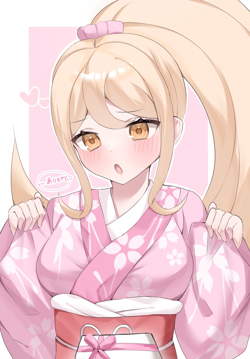 1girl :o blush bow breasts danganronpa_(series) danganronpa_2:_goodbye_despair floral_print_kimono hair_bow hands_up heart highres japanese_clothes kimono large_breasts obi orange_eyes peko_taro pink_bow pink_kimono ponytail saionji_hiyoko sash solo speech_bubble wide_sleeves