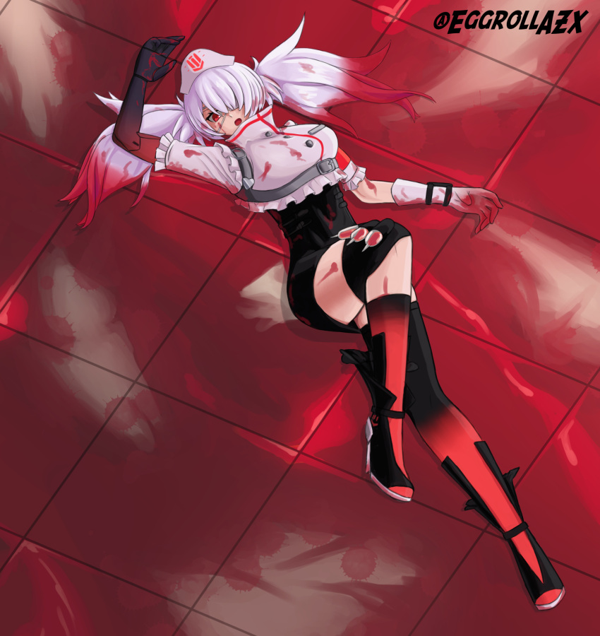 1girl black_skirt blood blood_in_hair blood_on_clothes blood_on_face blood_on_hands breasts eggroll gloves gradient_hair grey_hair hair_over_one_eye hat highres karenina:_ember_(bloody_love)_(punishing:_gray_raven) karenina_(punishing:_gray_raven) large_breasts mechanical_arms mechanical_legs multicolored_hair nurse nurse_cap pencil_skirt punishing:_gray_raven red_eyes shirt sidelocks single_glove single_mechanical_arm skirt solo twintails white_gloves white_headwear white_shirt