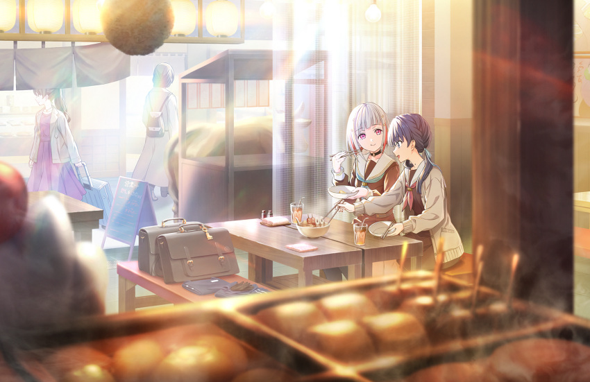 4girls aqua_neckerchief bag black_gloves blue_eyes blue_hair blue_ribbon blurry blurry_foreground bowl brown_cardigan brown_dress cardigan choker chopsticks collarbone colored_inner_hair cup diagonal_bangs dress drinking_glass eating food_request gloves hair_ornament hair_ribbon handkerchief hasu_no_sora_school_uniform highres holding holding_bowl holding_chopsticks lens_flare link!_like!_love_live! long_hair long_sleeves looking_at_another looking_at_food love_live! low_twintails mole mole_on_neck multicolored_hair multiple_girls murano_sayaka neckerchief o-ring o-ring_choker official_art on_chair open_mouth pleated_dress red_eyes red_hair red_neckerchief restaurant ribbon sailor_collar sailor_dress school_bag school_uniform short_hair sitting smile soy_sauce_bottle star_(symbol) star_hair_ornament steam streaked_hair tea third-party_source twintails unworn_apron unworn_gloves white_hair white_sailor_collar wide_shot winter_uniform yugiri_tsuzuri