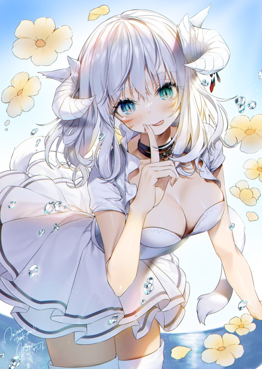 1girl animal_ears avatar_(ffxiv) blue_eyes boots breasts cat_ears cat_tail choker dated facial_mark final_fantasy final_fantasy_xiv finger_to_mouth flower heterochromia highres horns leaning_forward long_hair looking_at_viewer medium_breasts miqo'te scoop_neck skirt slit_pupils solo tail thigh_boots thighhighs whisker_markings white_hair yana_mori