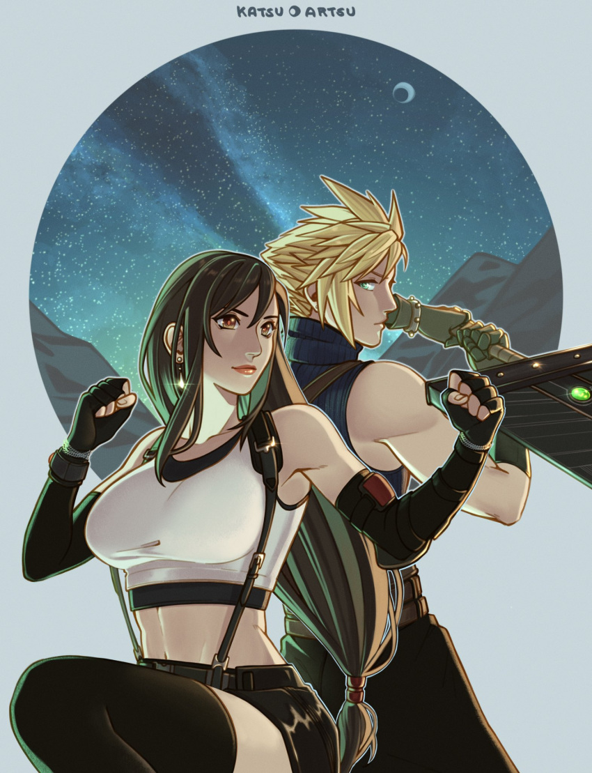1boy 1girl armpit_crease artist_name back-to-back bare_shoulders black_gloves black_hair black_skirt black_sports_bra black_thighhighs blonde_hair blue_eyes breasts buster_sword clenched_hands closed_mouth cloud_strife cowboy_shot crescent_moon crop_top earrings elbow_gloves feet_out_of_frame fighting_stance final_fantasy final_fantasy_vii final_fantasy_vii_rebirth final_fantasy_vii_remake fingerless_gloves glint gloves highres holding holding_sword holding_weapon jewelry katsuartsu knee_up large_breasts lips long_hair low-tied_long_hair materia midriff moon mountain navel night night_sky red_eyes red_lips short_hair skirt sky sleeveless sleeveless_turtleneck spiked_hair sports_bra star_(sky) starry_sky suspender_skirt suspenders sweater sword tank_top teardrop_earrings thighhighs tifa_lockhart turtleneck turtleneck_sweater weapon white_tank_top