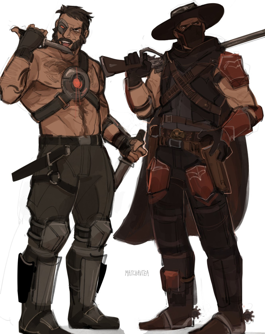 2boys bara bare_pectorals dark-skinned_male dark_skin erron_black eye_mask full_body gun hairy half_mask hat highres kano_(mortal_kombat) large_pectorals licking licking_weapon looking_ahead male_focus mask mature_male mortal_kombat_(series) mortal_kombat_x mouth_mask multiple_boys muscular muscular_male mutton_chops pectorals rifle short_hair standing thick_chest_hair thick_eyebrows thick_mustache ven_(matchavtea) weapon