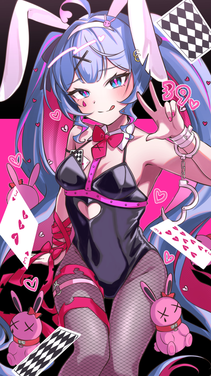 1girl :q absurdres ace_(playing_card) ace_of_hearts ahoge animal_ears black_leotard blue_eyes blue_hair bow bowtie breasts broken_heart card closed_mouth clothing_cutout collar cowboy_shot cuffs detached_collar fake_animal_ears fishnet_pantyhose fishnets hair_intakes hair_ornament hairband hand_up handcuff_dangle handcuffs hatsune_miku heart heart_ahoge heart_cutout heart_in_eye highres keshikasu9 leotard long_hair looking_at_viewer multicolored_hair nine_of_hearts pantyhose pink_nails pink_pupils playboy_bunny playing_card rabbit_ears rabbit_hole_(vocaloid) red_bow red_bowtie red_collar red_ribbon ribbon smile solo spaghetti_strap streaked_hair stuffed_animal stuffed_rabbit stuffed_toy symbol_in_eye teardrop_facial_mark thigh_strap three_of_hearts tongue tongue_out twintails very_long_hair vocaloid w white_hairband x_hair_ornament x_x