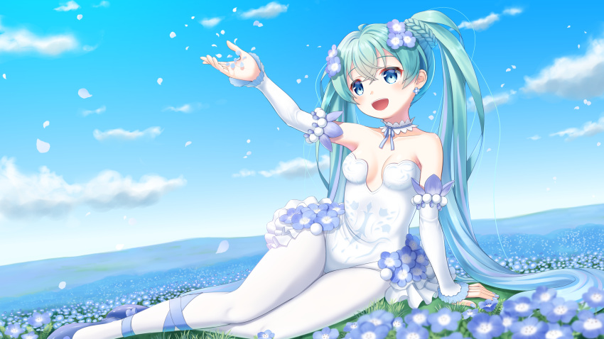 1girl :d absurdres ahoge aqua_hair bare_shoulders blue_eyes blue_flower blue_footwear blue_hair blue_nails braid breasts choker cleavage cloud collarbone commentary_request day detached_sleeves dutch_angle earrings falling_petals field flower flower_field frilled_choker frills hair_between_eyes hair_flower hair_ornament hatsune_miku highres jewelry leg_ribbon leotard light_blush long_hair miku_day mountainous_horizon nanatsuba nemophila_(flower) open_mouth outdoors outstretched_arm pantyhose petals ribbon shoes sitting sky small_breasts smile solo strapless strapless_leotard vocaloid white_leotard white_pantyhose