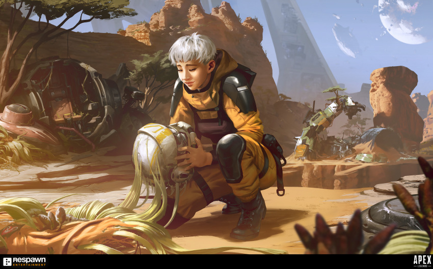 1girl apex_legends black_footwear boots bt-7274 copyright_name cristina_lavina_ferez grey_hair hair_behind_ear helmet highres holding holding_helmet hood hood_down hooded_jumpsuit jumpsuit knee_pads kneeling logo looking_down mecha moon northstar_(titanfall) official_art orange_jumpsuit respawn_entertainment robot sad_smile short_hair sky solo titan_(titanfall) titanfall_(series) titanfall_2 valkyrie_(apex_legends) viper_(titanfall_2) wreckage