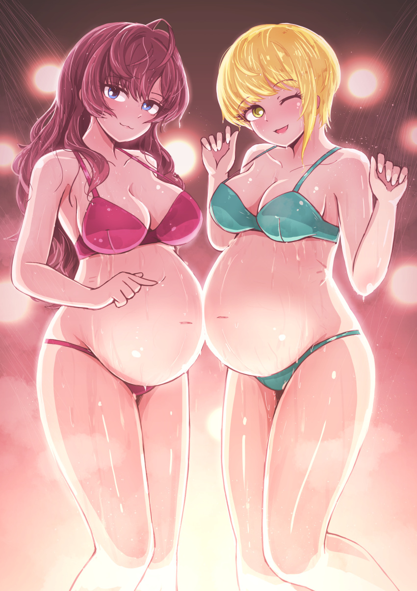 2girls ;d absurdres ahoge aqua_bra aqua_panties big_belly blonde_hair blush bra breasts brown_hair cleavage collarbone feet_out_of_frame highres ichinose_shiki idolmaster idolmaster_cinderella_girls large_breasts miyamoto_frederica multiple_girls navel one_eye_closed panties pregnant red_bra red_panties smile stomach tomawarinosuizou underwear underwear_only wet wet_hair