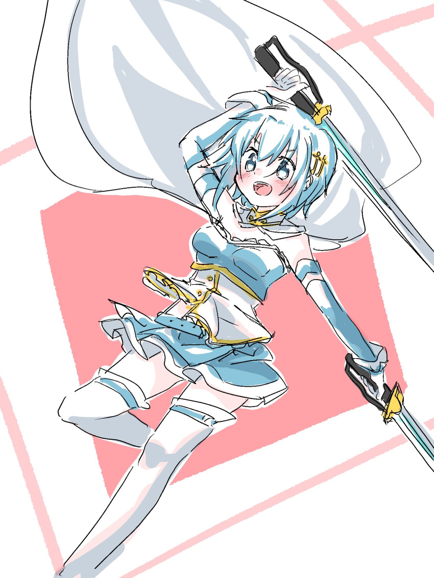 1girl blue_eyes blue_hair blue_skirt cape detached_sleeves dual_wielding fortissimo frl1015 gloves hair_ornament highres holding holding_sword holding_weapon looking_to_the_side magical_girl mahou_shoujo_madoka_magica mahou_shoujo_madoka_magica_(anime) miki_sayaka musical_note musical_note_hair_ornament open_mouth short_hair skirt solo sword thighhighs weapon white_cape white_gloves white_thighhighs