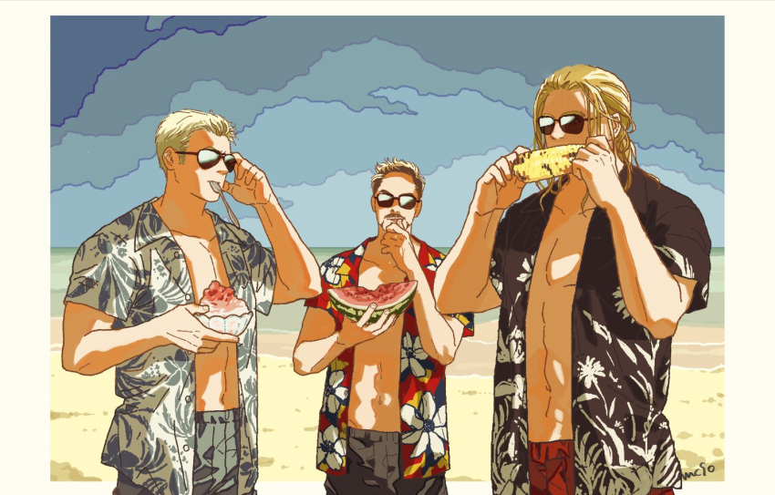 3boys avengers_(series) beach black_shirt black_shorts blonde_hair blue_sky border bowl brown_hair buttons closed_mouth collarbone collared_shirt commentary_request corn eating facial_hair floral_print food fruit grey_shirt grey_shorts hand_on_own_face hands_up hawaiian_shirt holding holding_bowl holding_food holding_watermelon ice_cream long_hair male_focus marvel marvel_cinematic_universe mochishio multiple_boys muscular muscular_male navel ocean open_clothes open_shirt outdoors outside_border red_shirt red_shorts sand shirt short_hair short_sleeves shorts sidelocks sky spoon standing steve_rogers summer sunglasses thor_(marvel) tony_stark utensil_in_mouth watermelon white_border