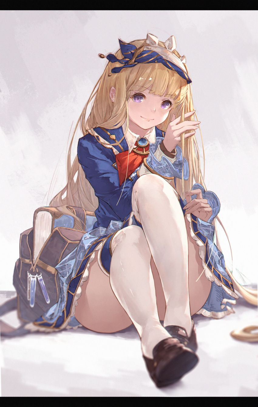 1girl absurdres bag black_footwear blonde_hair blue_dress book bow bowtie cagliostro_(granblue_fantasy) closed_mouth dress granblue_fantasy highres letterboxed loafers long_hair long_sleeves looking_at_viewer playing_with_own_hair potion purple_eyes red_bow red_bowtie shoes sitting solo thighhighs thighs very_long_hair vial white_thighhighs yu_pian zettai_ryouiki