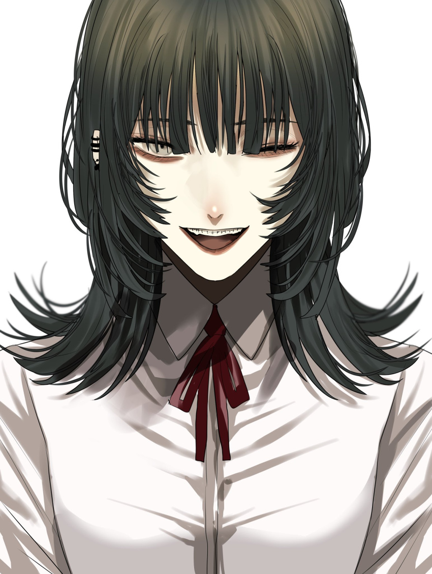 1girl black_hair braces choppy_bangs collared_shirt commentary dress_shirt ear_piercing grey_eyes highres hoshi_san_3 looking_at_viewer medium_hair neck_ribbon one_eye_closed open_mouth original piercing red_ribbon ribbon shirt simple_background solo teeth upper_body upper_teeth_only white_background white_shirt wolf_cut