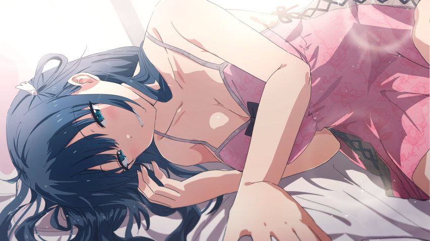 1girl absurdres amano_nene_(vtuber) aqua_eyes backlighting bare_arms bare_shoulders black_hair blue_hair blush breasts cleavage commentary commission dark_blue_hair dress english_commentary grin hair_rings highres large_breasts long_hair looking_at_viewer lying misaki_nonaka morning nightgown on_side pink_dress pink_nightgown production_kawaii second-party_source skeb_commission sleepwear sleeveless sleeveless_dress smile solo sunlight virtual_youtuber waking_up wing_hair_ornament