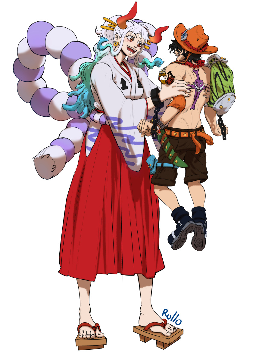 1boy 1girl absurdres artist_name back_tattoo backpack bag bandaid bandaid_on_cheek bandaid_on_face bandaid_on_forehead bead_necklace beads black_hair carrying carrying_person cuffs earrings eyelashes geta gradient_hair green_hair hair_ornament hair_stick hakama hakama_pants handcuffs highres horns japanese_clothes jewelry jolly_roger kimono log_pose long_hair long_sleeves looking_at_another multicolored_hair necklace one_piece open_mouth orange_eyes orange_headwear pants ponytail portgas_d._ace red_hakama red_horns rollo_(kuyuen1) rope shimenawa short_hair shoulder_tattoo sidelocks size_difference smile tattoo teeth topless_male white_hair white_kimono whitebeard_pirates_jolly_roger wide_sleeves yamato_(one_piece)