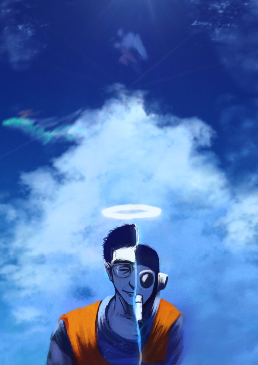 1boy absurdres blue_sky cloud cloudy_sky crain1art dougi dragon_ball dual_persona glasses halo highres robot short_hair sky toriyama_akira_(character)