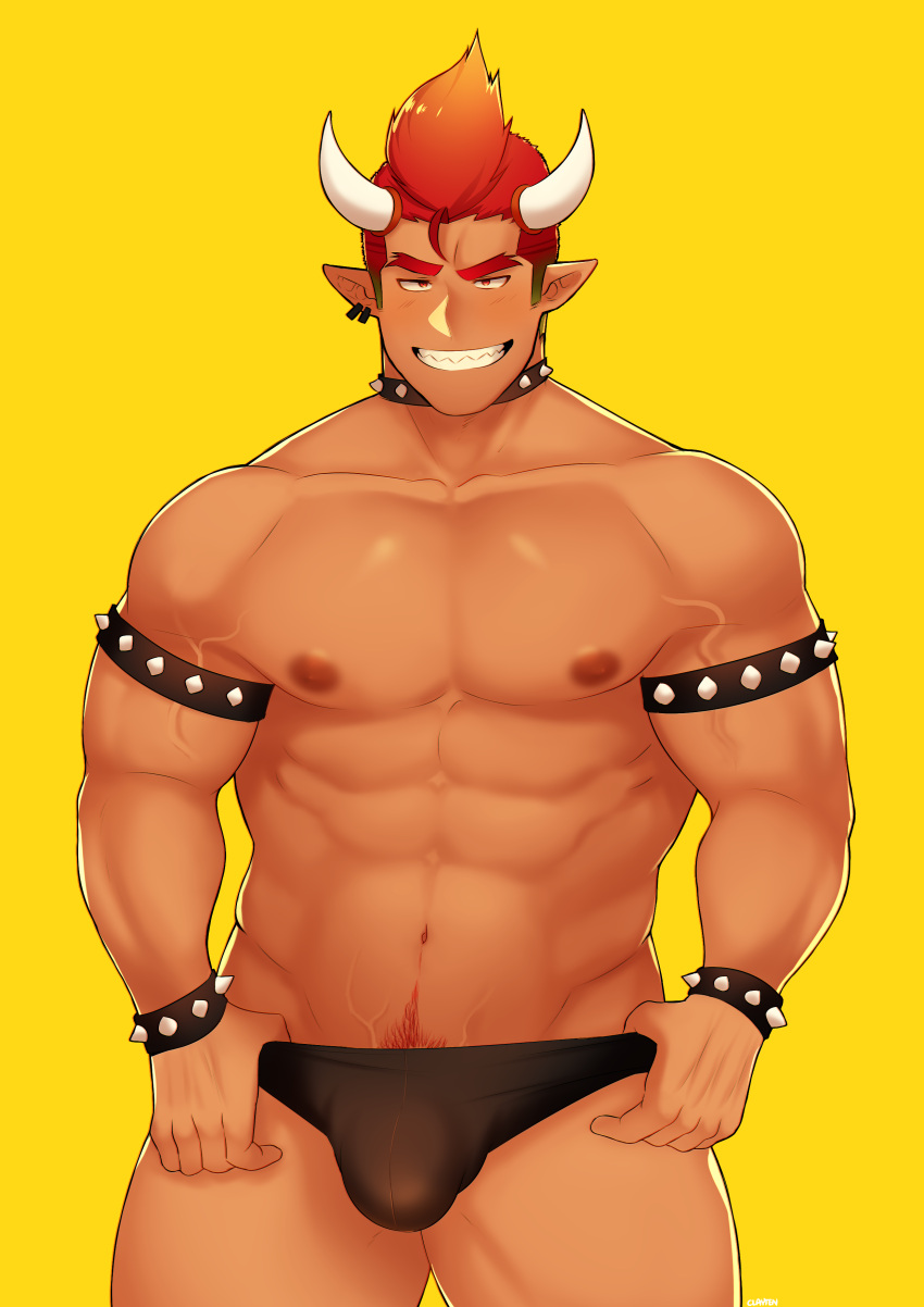 1boy abs absurdres armlet bara black_male_underwear blush bowser bracelet briefs bulge collar commentary dark-skinned_male dark_skin english_commentary feet_out_of_frame fujimachine_(clayten) grin groin highres horns humanization jewelry large_pectorals looking_at_viewer male_focus male_pubic_hair male_underwear male_underwear_pull mario_(series) muscular muscular_male navel navel_hair nipples orange_hair pectorals personification pointy_ears pubic_hair seductive_smile short_hair sideburns smile solo spiked_armlet spiked_bracelet spiked_collar spikes stomach super_smash_bros. thick_thighs thighs topless_male underwear underwear_only yellow_background