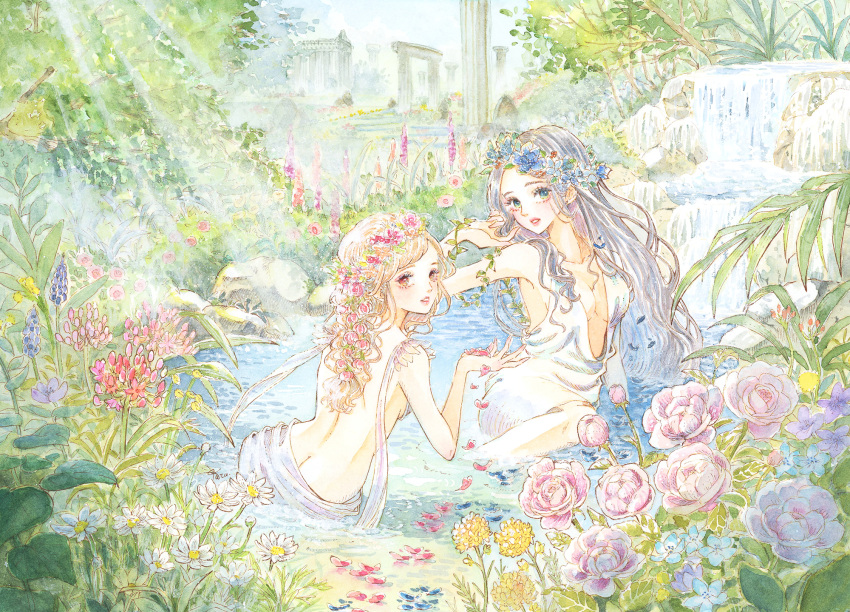 2girls bare_arms bare_back bare_shoulders bathing blonde_hair blue_eyes blue_flower blue_sky breasts butt_crack cleavage column commentary_request day dress flower flower_wreath grey_hair hanasaki_taru head_wreath highres leaf light_rays long_hair looking_at_viewer medium_breasts multicolored_eyes multiple_girls nature original outdoors painting_(medium) parted_lips partially_submerged petals pillar pink_flower plant plunging_neckline red_eyes rock rose sky stream sunbeam sunlight traditional_media very_long_hair water watercolor_(medium) waterfall wavy_hair white_dress white_flower yellow_flower