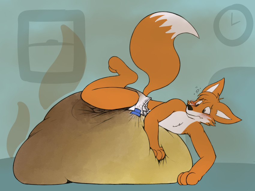 anthro blush canid canine clothed clothing diaper diaper_only feces fox hi_res huge_diaper hyper_soiling hyper_wetting lying male mammal on_front poofyloog soiling solo stink_lines topless touching_diaper underwear