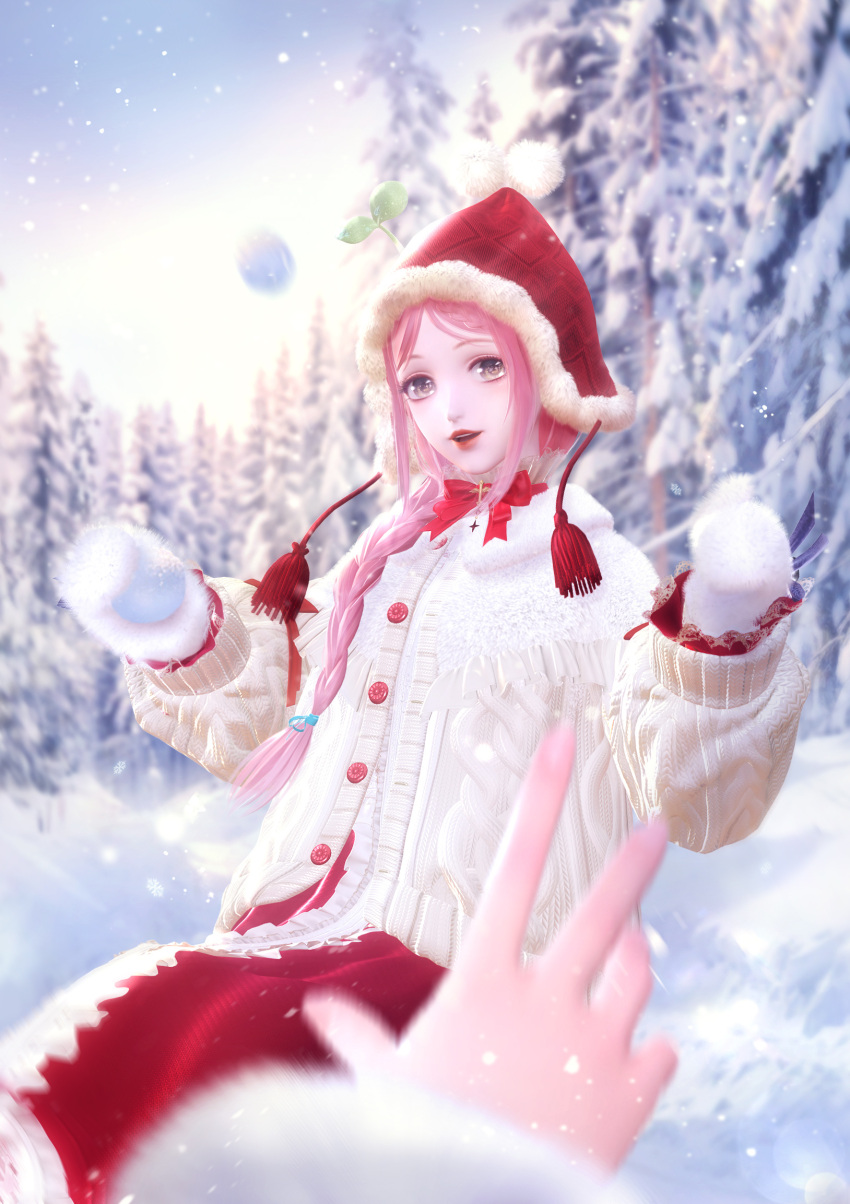 2girls 3d blurry blurry_background blurry_foreground braid brown_eyes chinese_commentary commentary_request day fingernails gloves highres holding holding_snowball jacket long_hair looking_at_viewer multiple_girls nikki_(miracle_nikki) official_art pale_skin pink_hair red_headwear red_skirt shining_nikki single_braid skirt smile snow snow_on_tree snowball snowing sunlight sweater teeth tree white_gloves white_sweater