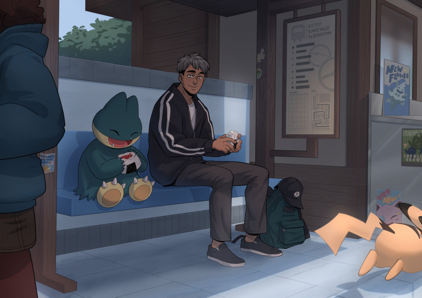 1boy 1other absurdres backpack bag bench bianca_milanez black_jacket blue_jacket bus_stop dark-skinned_other day dragonite eating food grey_hair grey_pants haikyuu!! hat highres hood hood_down jacket jigglypuff kita_shinsuke looking_at_viewer munchlax oddish onigiri outdoors pants pokemon poster_(object) shadow shoes sitting smile unworn_backpack unworn_bag unworn_hat unworn_headwear vanillite