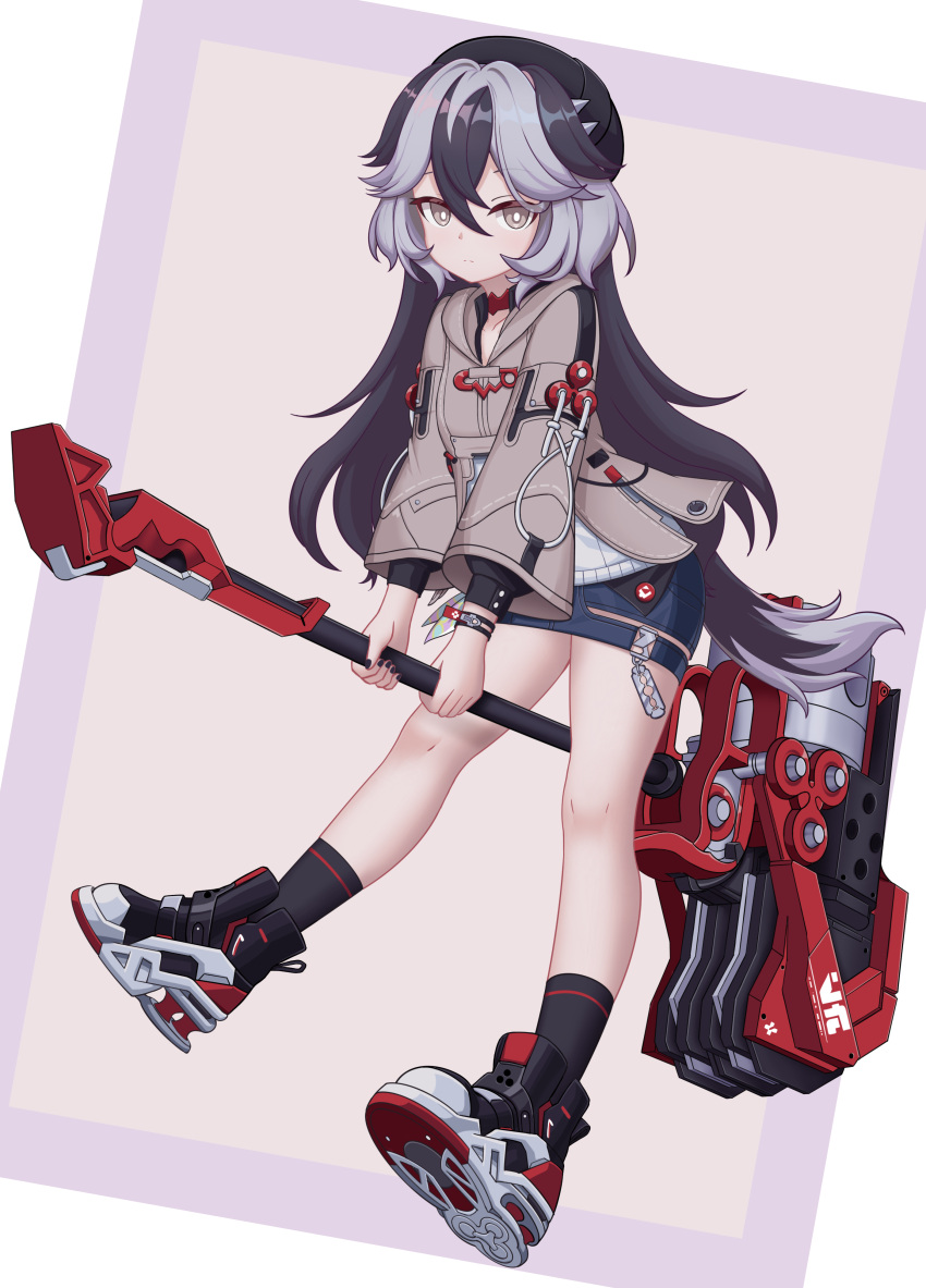 1girl absurdres animal_ears beret between_legs black_footwear black_headwear black_nails black_socks blue_skirt budesonide closed_mouth coralie_(honkai_impact) dog_ears dog_girl dog_tail full_body grey_background grey_eyes grey_hair grey_jacket hammer hat highres holding holding_hammer honkai_(series) honkai_impact_3rd jacket long_hair long_sleeves looking_at_viewer nail_polish shoe_soles skirt socks solo tail white_background