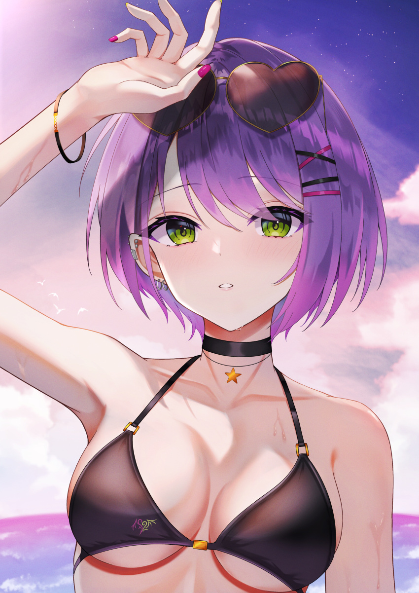 1girl absurdres arm_up armpit_crease armpits bangle barbell_piercing bare_shoulders bikini bird black_bikini black_choker bracelet breasts choker cloud ear_piercing earclip earrings evening eyewear_on_head fingernails green_eyes hair_between_eyes hair_ornament hairclip halterneck heart heart-shaped_eyewear highres hololive horizon jewelry light_blush long_fingernails looking_at_viewer medium_breasts nail_polish necklace ocean outdoors parted_lips piercing pink_nails portrait purple_hair short_hair solo star_(symbol) star_necklace sunglasses swept_bangs swimsuit teeth telu_(teluscarlet) tokoyami_towa underboob virtual_youtuber water wet x_hair_ornament