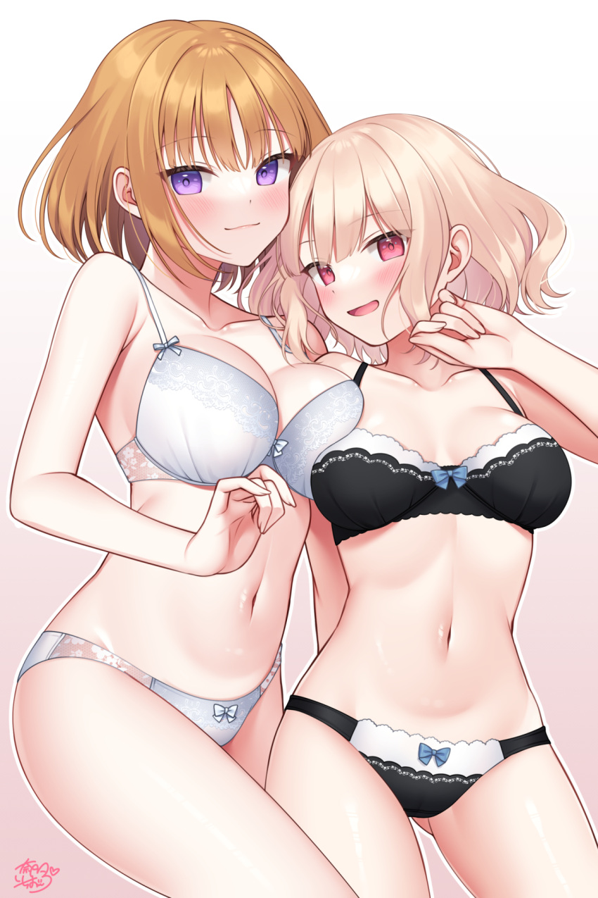 2girls black_bra black_panties blonde_hair bra breasts character_request closed_mouth highres lingerie medium_breasts merupero midriff multiple_girls nata_ichio navel open_mouth orange_hair panties purple_eyes red_eyes short_hair stomach underwear white_bra white_panties