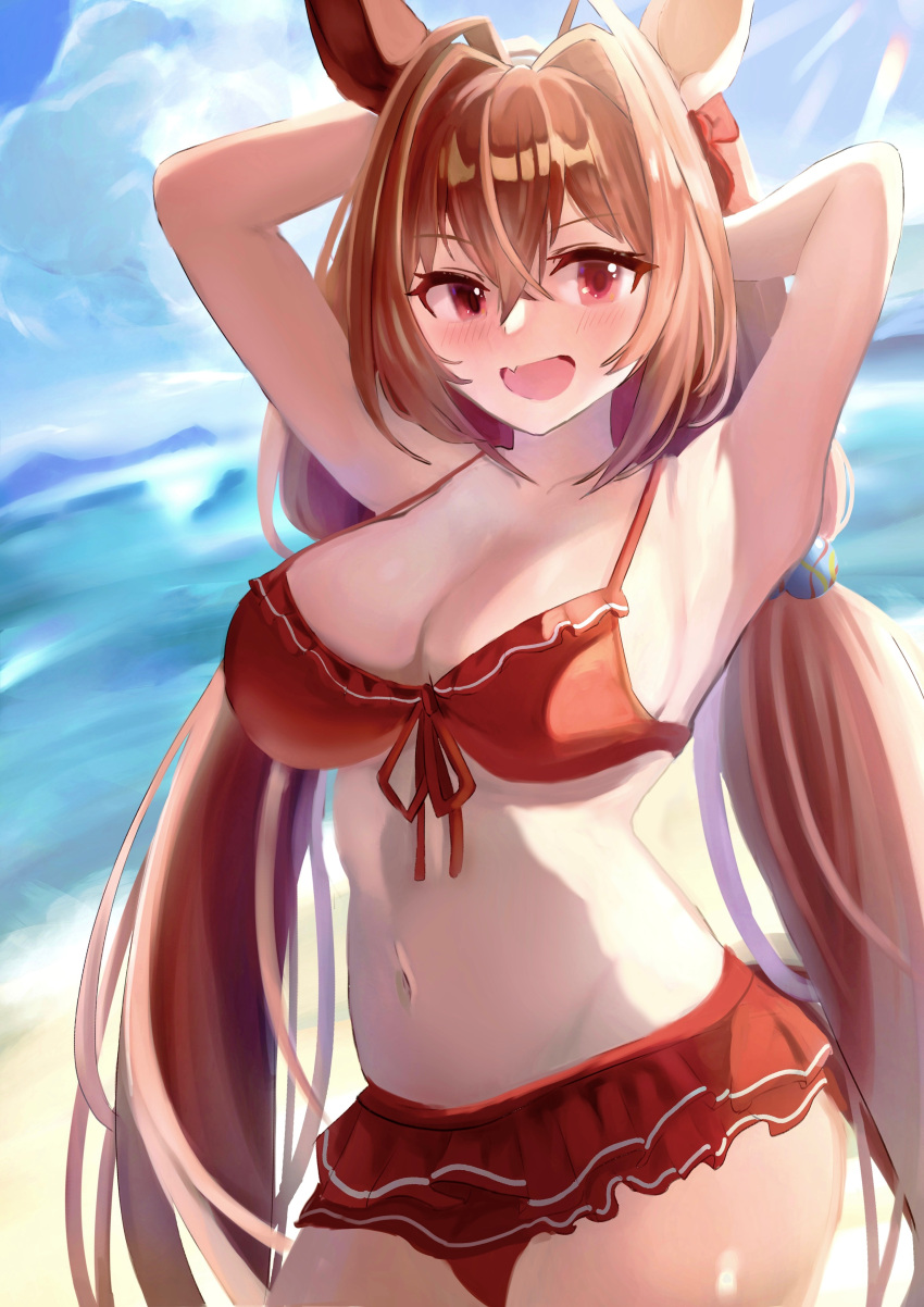 1girl absurdres animal_ears arms_up bikini bikini_skirt blue_sky breasts cleavage cloud cloudy_sky commentary_request daiwa_scarlet_(trifle_vacation)_(umamusume) daiwa_scarlet_(umamusume) fang frilled_bikini frills front-tie_bikini_top front-tie_top hair_between_eyes hair_ornament highres horse_ears horse_girl horse_tail large_breasts long_hair navel ocean official_alternate_costume open_mouth red_bikini red_eyes red_hair sky solo swimsuit taguchi_yuu tail thigh_strap tiara twintails umamusume very_long_hair water wet