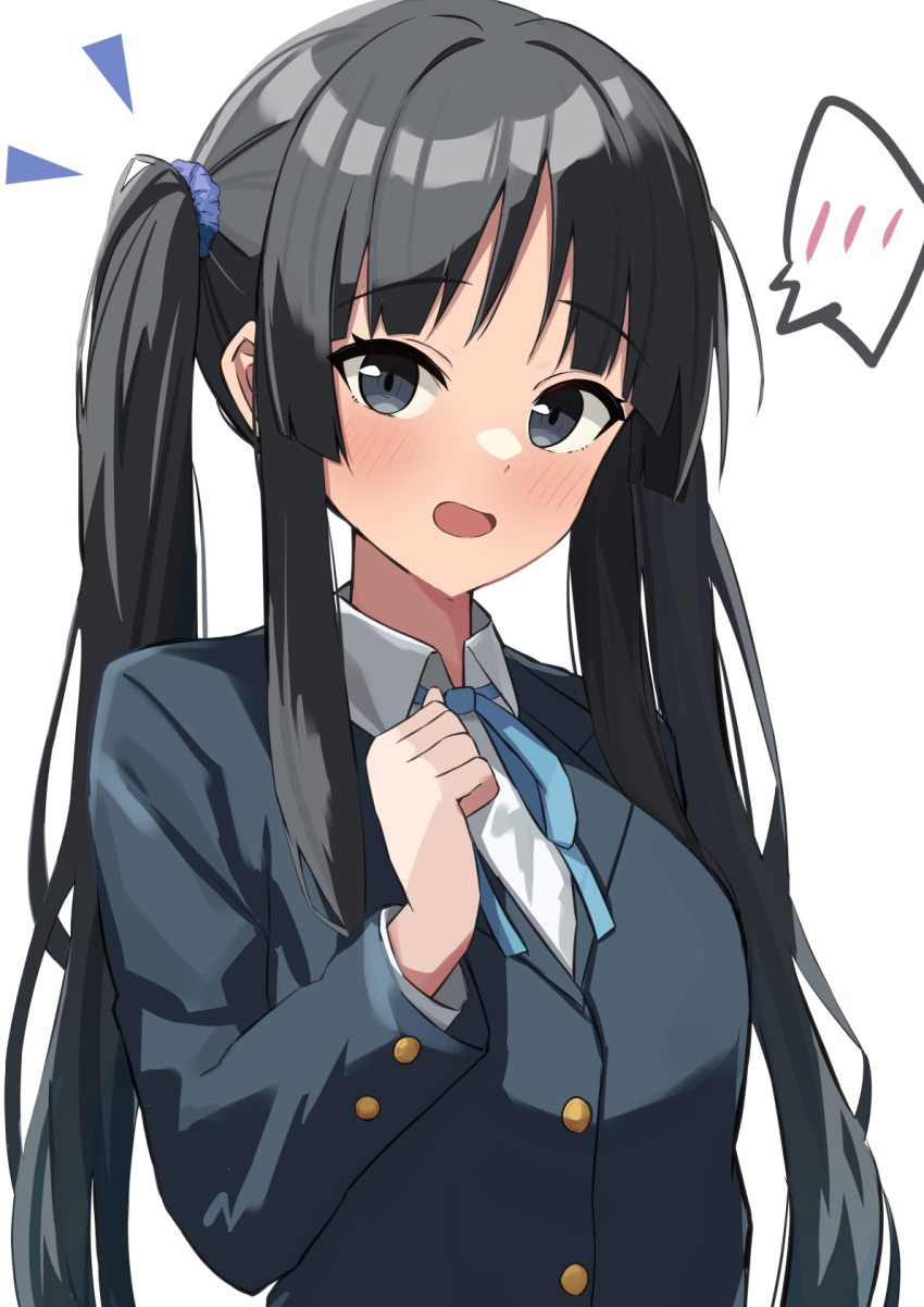 1girl akiyama_mio alternate_hairstyle amenocchi black_eyes black_hair blazer blue_jacket blue_ribbon blue_scrunchie blush collared_shirt commentary_request hair_ornament hair_scrunchie highres jacket k-on! long_hair long_sleeves looking_at_viewer neck_ribbon open_mouth ribbon sakuragaoka_high_school_uniform school_uniform scrunchie shirt simple_background solo tongue twintails upper_body white_background white_shirt winter_uniform