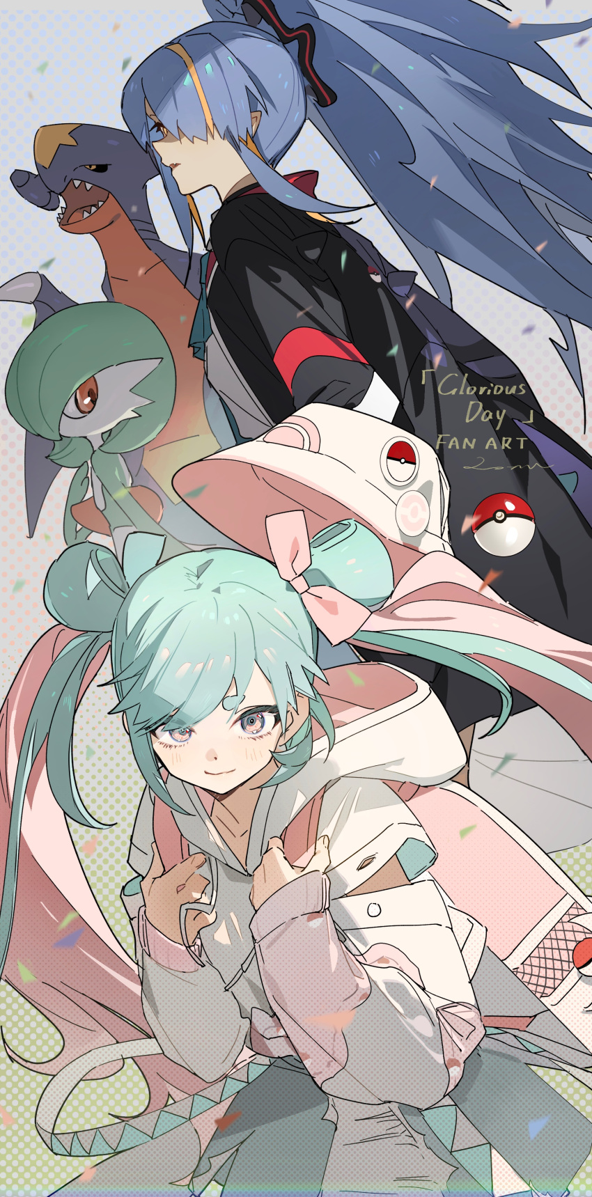 2girls absurdres backpack bag blue_hair bow bucket_hat garchomp gardevoir hair_bow hair_ribbon hat hatsune_miku highres multiple_girls poke_ball pokemon project_voltage ribbon smirk vocaloid yellow_eyes zhibuji_loom