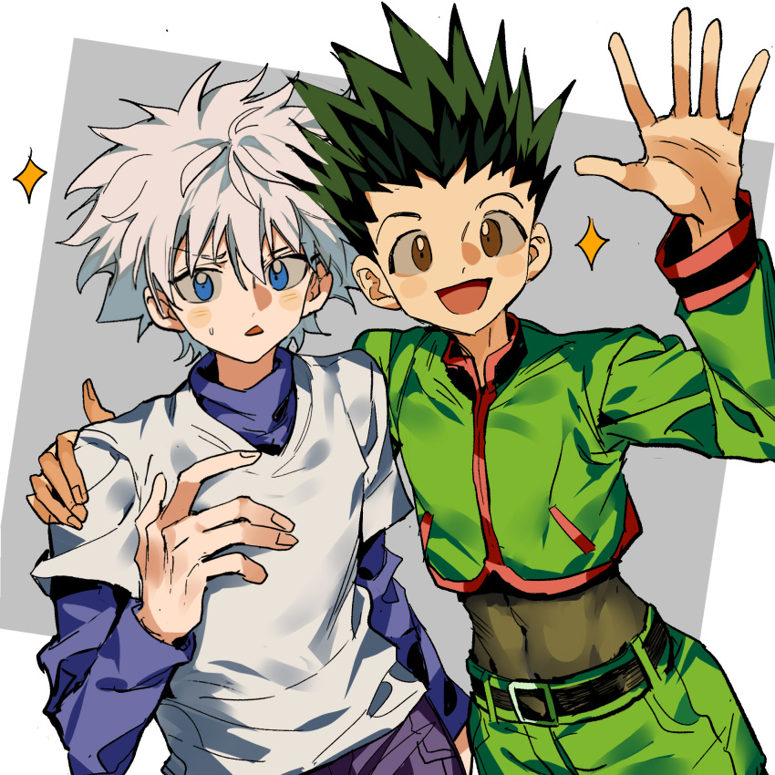 2boys :d belt blue_eyes blue_shirt blush brown_eyes covered_navel cropped_jacket gon_freecss green_hair green_jacket green_shorts hand_on_another's_shoulder hand_up highres hunter_x_hunter jacket killua_zoldyck male_focus midriff multiple_boys open_mouth shirt shorts simple_background smile sparkle spiked_hair sweatdrop waving white_hair white_shirt xi_luo_an_ya