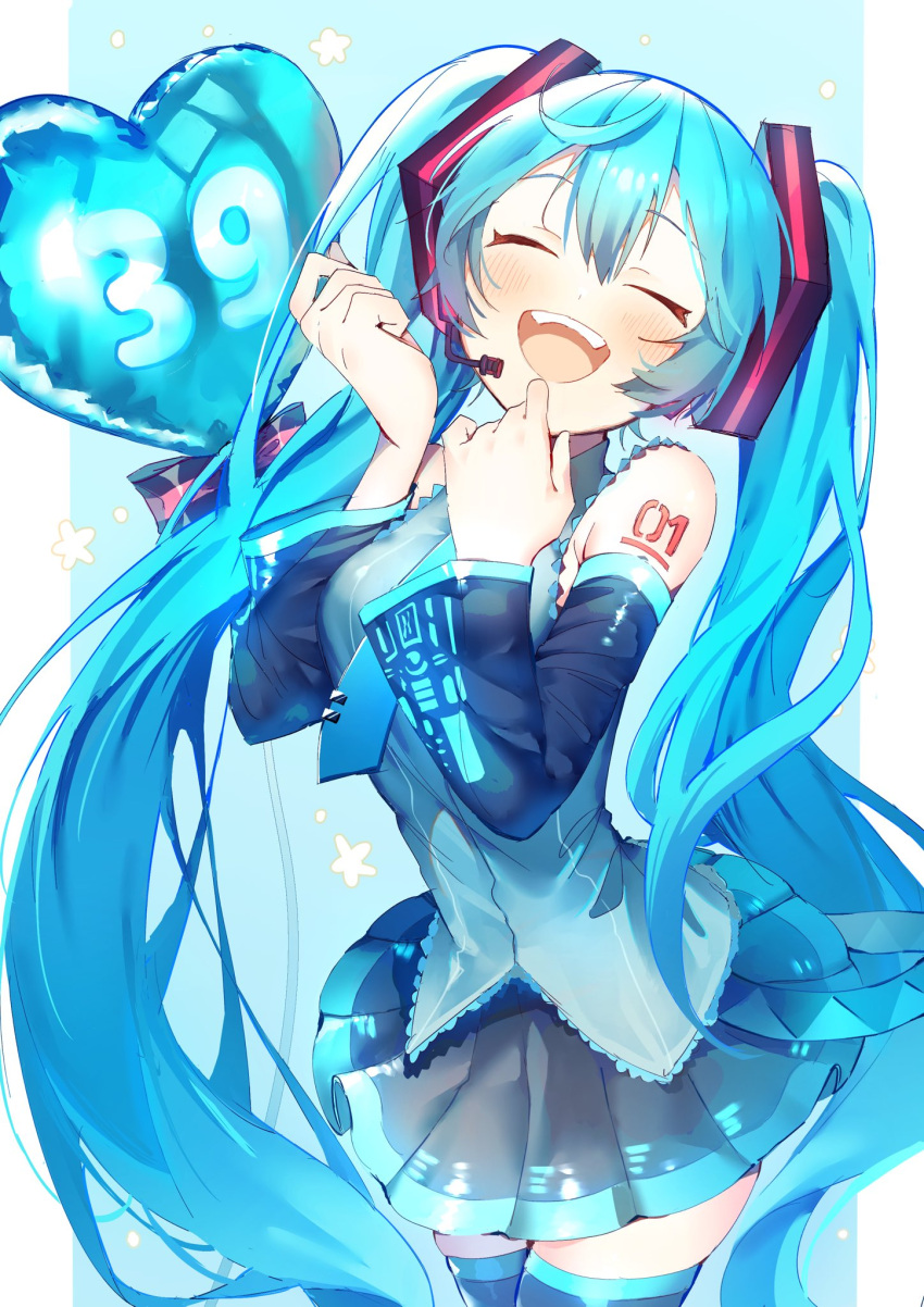 1girl :d balloon black_thighhighs blue_hair boom_microphone closed_eyes detached_sleeves hatsune_miku highres long_hair necktie shoulder_tattoo simple_background skirt smile solo tattoo teeth thighhighs twintails upper_teeth_only wasemkn