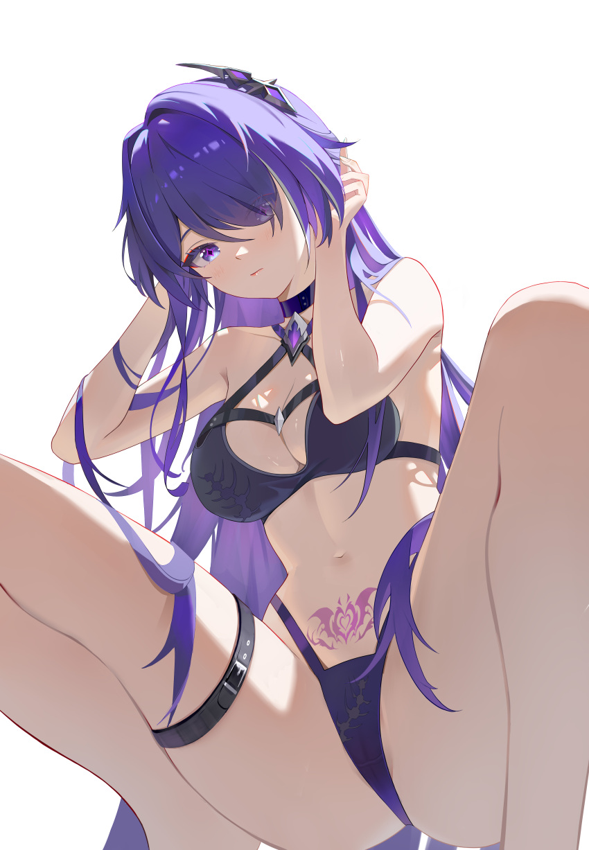 1girl absurdres acheron_(honkai:_star_rail) bare_arms bare_shoulders bikini black_bikini blhazx breasts cleavage commentary_request hair_ornament hair_over_one_eye highres honkai:_star_rail honkai_(series) long_hair looking_at_viewer medium_breasts navel pubic_tattoo purple_eyes purple_hair simple_background solo squatting stomach swimsuit tattoo thigh_strap thighs very_long_hair white_background