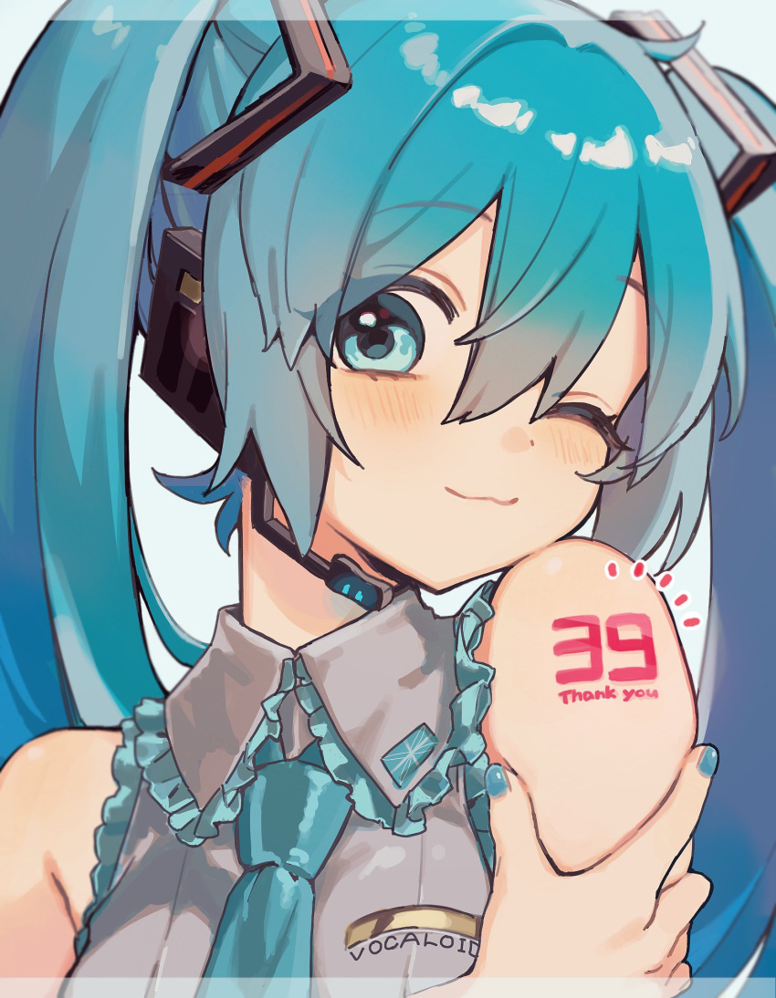 1girl :3 aqua_eyes aqua_hair aqua_necktie boom_microphone hatsune_miku headset highres miku_day necktie one_eye_closed shoulder_tattoo sleeveless solo tattoo uminokaisen upper_body vocaloid