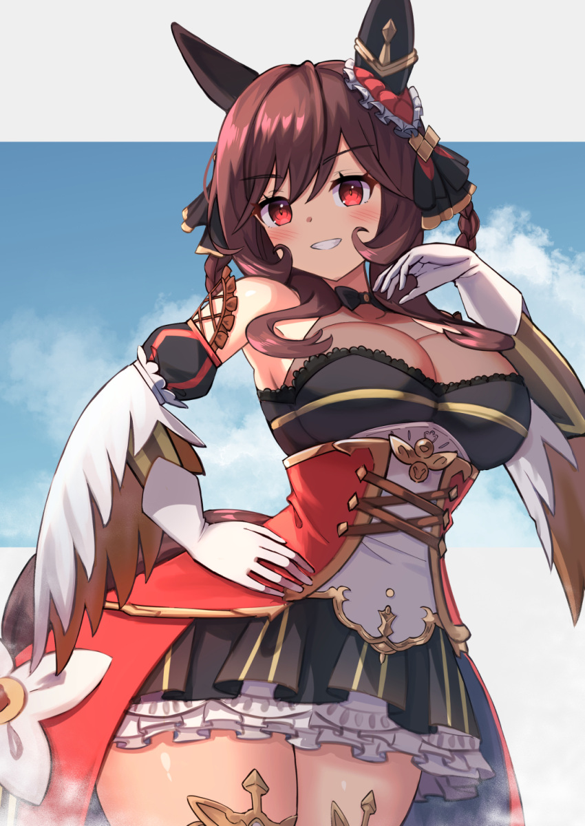 1girl animal_ears bare_shoulders black_ribbon black_skirt blue_sky blush breasts brown_hair clenched_teeth cloud commentary_request day ear_covers gentildonna_(umamusume) gloves hair_ribbon highres horse_ears horse_girl large_breasts looking_at_viewer medium_hair outdoors red_eyes ribbon skirt sky smile teeth thighs umamusume white_gloves yuutopia