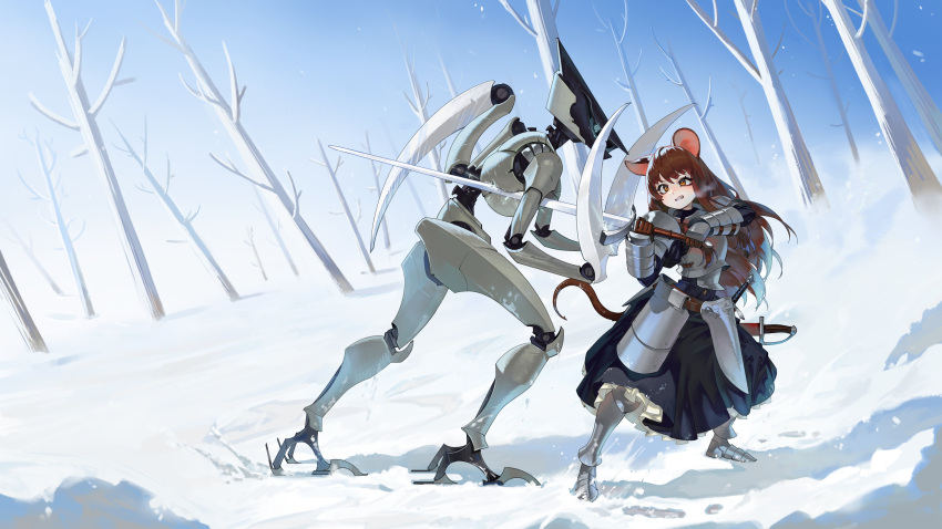 1girl absurdres animal_ears armor breastplate brown_eyes brown_hair clenched_teeth dress fighting footprints full_body gemi_ningen gloves highres holding holding_sword holding_weapon joints long_hair long_sleeves mouse_ears mouse_girl mouse_tail original outdoors pauldrons rimworld robot robot_joints sabaton scyther_(rimworld) sheath sheathed shoulder_armor snow sparks steam sword tail teeth tree very_long_hair weapon winter