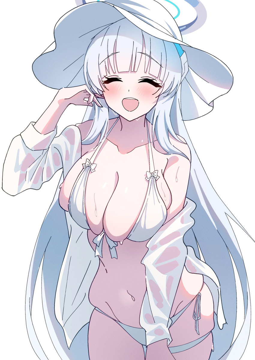 1girl absurdres bikini blue_archive blush breasts cleavage closed_eyes collarbone cowboy_shot facing_viewer grey_hair groin halo hat highres jacket large_breasts long_hair mechanical_halo nano_(blueoekaki) navel noa_(blue_archive) open_clothes open_jacket open_mouth simple_background smile solo swimsuit thigh_strap wet wet_clothes wet_jacket white_background white_bikini white_headwear white_jacket