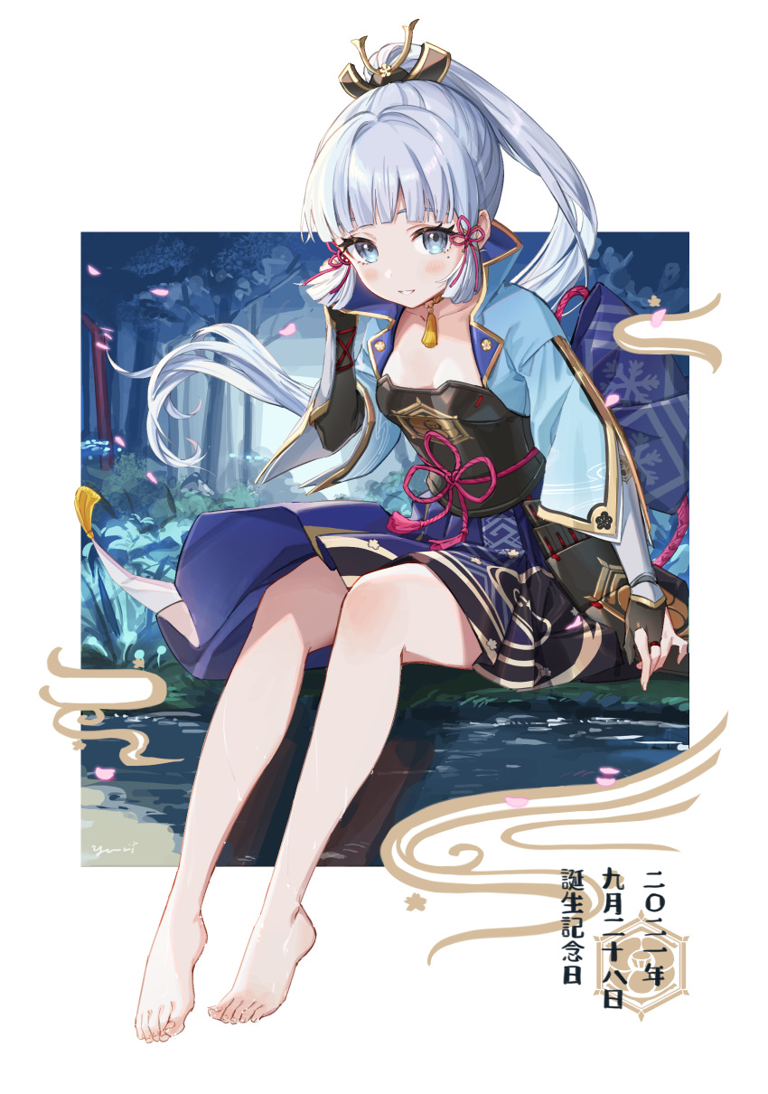 1girl absurdres armor bangs barefoot blue_eyes blue_skirt blush breastplate breasts bridal_gauntlets cleavage collarbone commentary_request eyebrows_behind_hair feet full_body genshin_impact hair_ribbon hakama hakama_short_skirt hakama_skirt high_ponytail highres japanese_armor japanese_clothes kamisato_ayaka legs looking_at_viewer medium_breasts mole mole_under_eye parted_lips petals pleated_skirt ponytail purple_hakama red_ribbon ribbon short_sleeves sidelocks silver_hair sitting skirt smile solo water wide_sleeves yu-ri