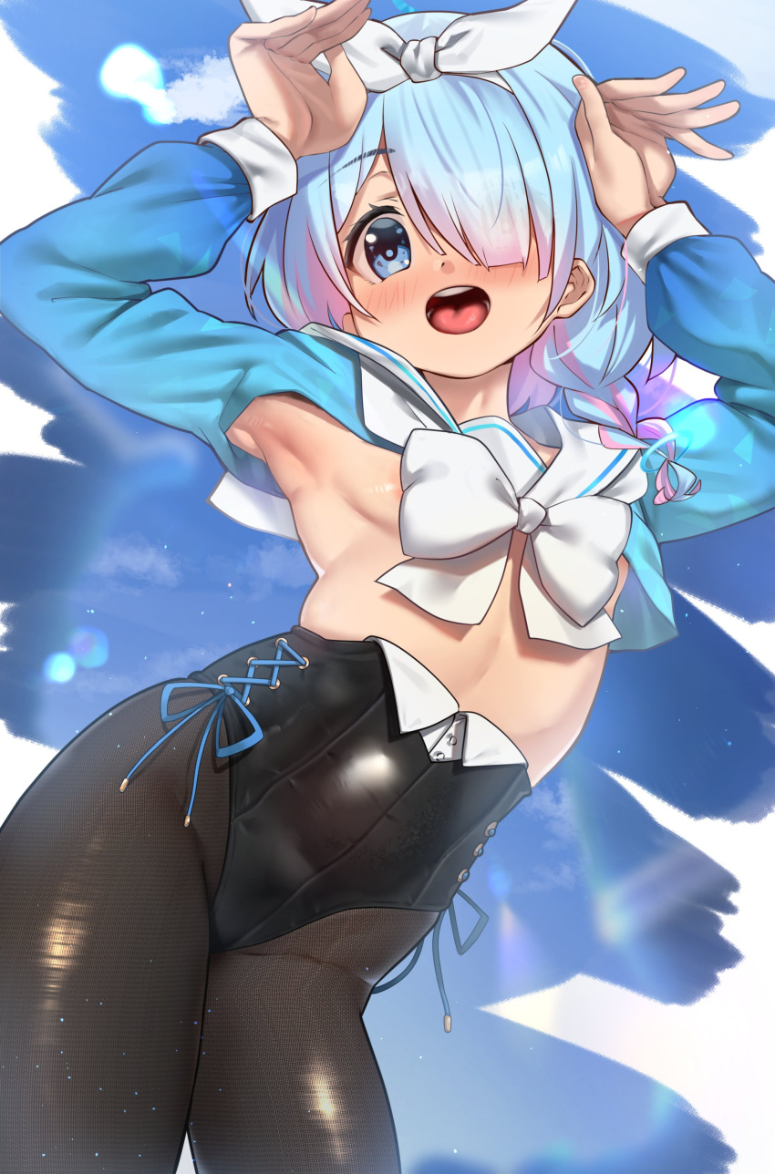 1girl :d absurdres areola_slip areolae armpits arona_(blue_archive) black_leotard blue_archive blue_background blue_eyes blush bow bow_hairband bowtie braid brown_legwear bunny_pose contrapposto fine_fabric_emphasis flat_chest hair_bow hair_over_one_eye hairband hands_up highres leotard long_sleeves looking_at_viewer medium_hair multicolored_hair one_eye_covered open_mouth pantyhose pink_hair playboy_bunny ramanda sailor_collar school_uniform serafuku shrug_(clothing) side-tie_leotard single_braid skin_tight smile solo streaked_hair two-tone_hair white_bow white_bowtie white_hairband white_sailor_collar