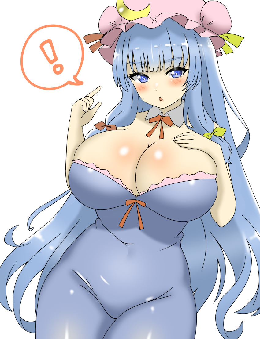 ! 1girl absurdres alternate_color alternate_eye_color alternate_hair_color blue_dress blue_eyes blush breasts cleavage commentary detached_collar dress groin hand_on_own_chest hat highres huge_breasts mob_cap open_mouth patchouli_knowledge pink_headwear shirokumall simple_background solo spoken_exclamation_mark touhou upper_body white_background
