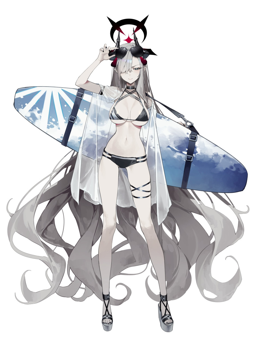 1girl absurdres alternate_costume bikini black_bikini blue_archive eyewear_on_head full_body g5_(g5_gugu) grey_hair highres horns long_hair makoto_(blue_archive) multicolored_halo navel see-through see-through_shirt simple_background solo surfboard swimsuit thigh_strap white_background