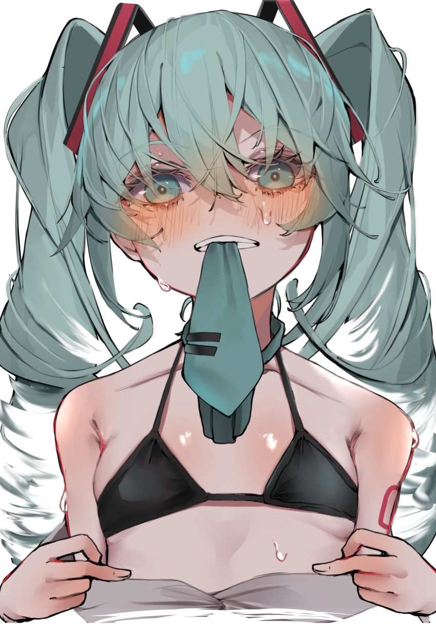1girl absurdres aqua_eyes aqua_hair aqua_necktie arm_tattoo black_bra blush bra breasts clenched_teeth collarbone commentary_request hair_between_eyes hatsune_miku highres long_hair looking_at_viewer mouth_hold necktie necktie_in_mouth simple_background small_breasts solo sweat tattoo teeth tsune_(tune) twintails underwear upper_body vocaloid white_background