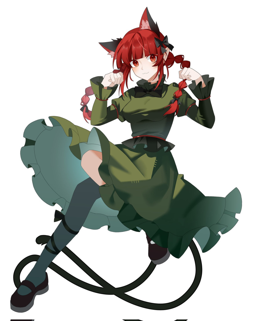 1girl :3 animal_ears black_bow black_bowtie bow bowtie braid cat_ears cat_girl cat_tail closed_mouth commentary corrupted_twitter_file extra_ears frilled_skirt frilled_sleeves frills green_shirt green_skirt hair_bow hands_up highres juliet_sleeves kaenbyou_rin leg_ribbon long_hair long_sleeves looking_at_viewer mary_janes miamante77 multiple_tails paw_pose pointy_ears puffy_sleeves red_eyes red_footwear red_hair ribbon shirt shoes simple_background skirt solo tail touhou twin_braids two_tails white_background