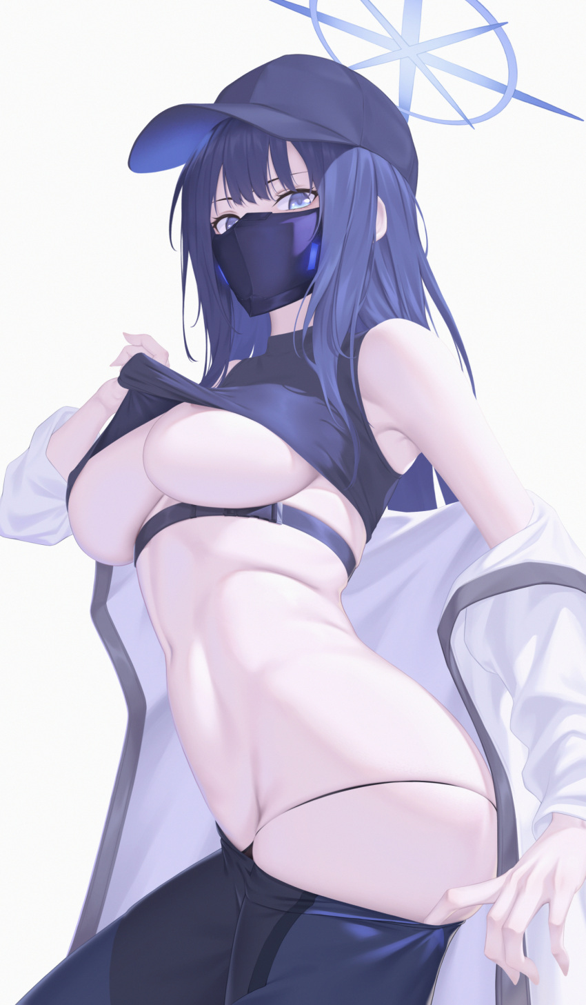 1girl absurdres baseball_cap black_hair black_headwear black_panties black_pants black_shirt blue_archive blue_eyes breasts clothes_pull halo hat highres jacket large_breasts looking_at_viewer mask mouth_mask navel nmi off_shoulder open_clothes open_jacket panties pants pants_pull saori_(blue_archive) shirt sleeveless sleeveless_shirt solo underboob underwear white_jacket