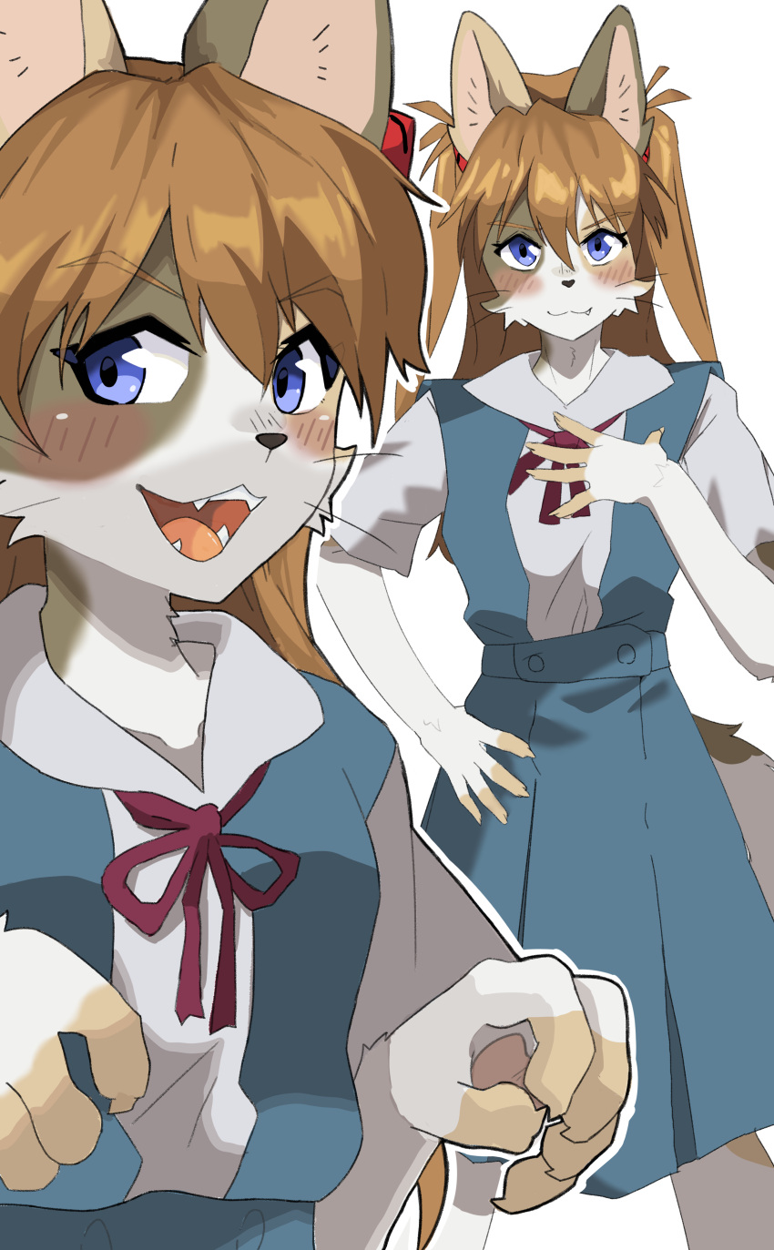 2024 5_fingers absurd_res alternate_species anthro asuka_langley_soryu aya_tsuji blue_eyes blush breasts brown_body brown_fur brown_hair calico_cat claws clothed clothing cute_fangs digital_media_(artwork) domestic_cat fangs felid feline felis female female_anthro finger_claws fingerless_(marking) fingers fur furrification hair hi_res kemono long_hair looking_at_viewer mammal multicolored_body multicolored_fur neon_genesis_evangelion open_mouth simple_background small_breasts solo tan_body tan_fur teeth tongue twintails_(hairstyle) whiskers white_background white_body white_fur