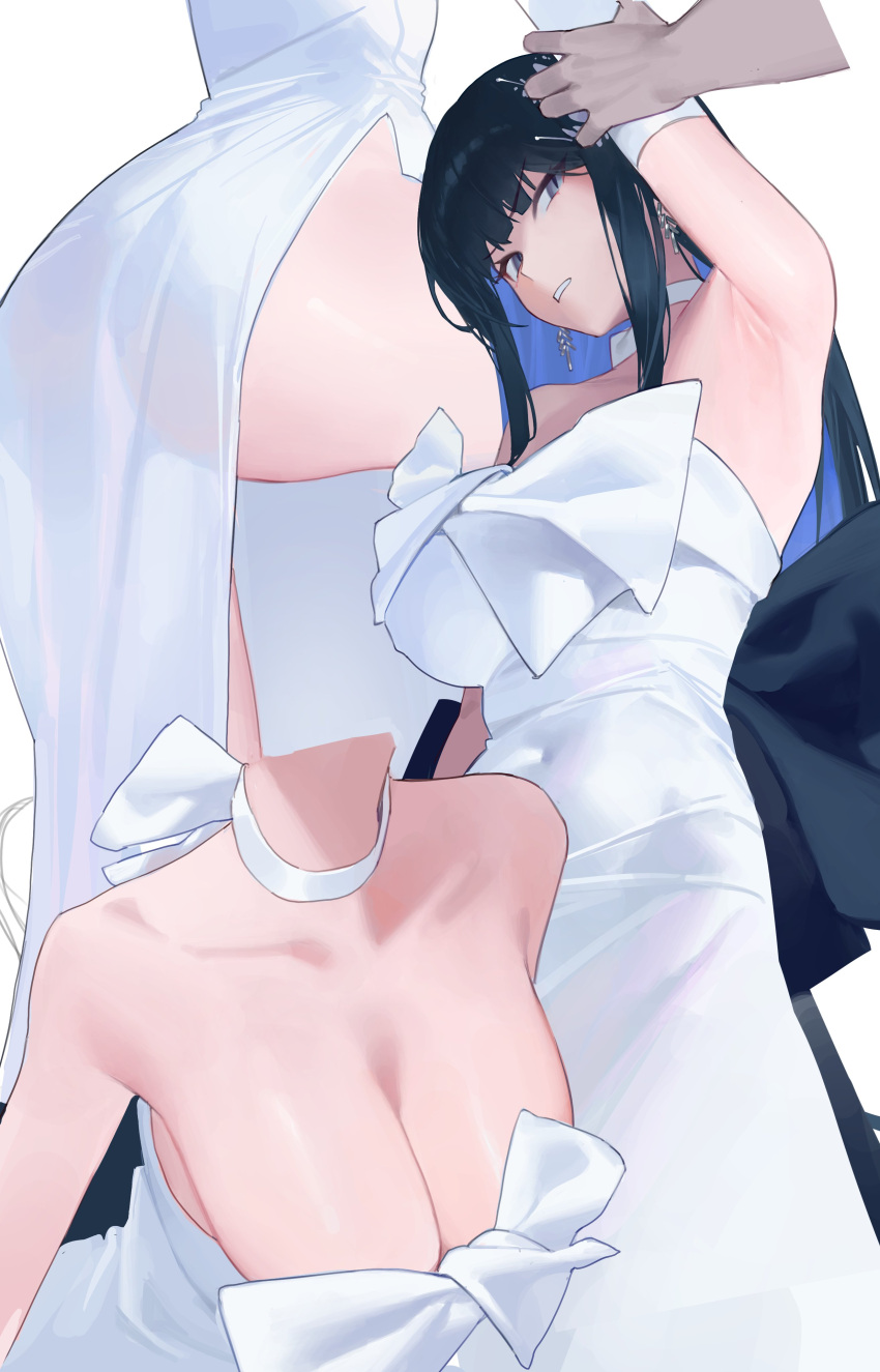 1girl absurdres arm_up armpits ass black_hair blue_archive blue_eyes blue_hair blue_halo breasts choker colored_inner_hair dress elbow_gloves gloves halo highres jaws_(okdol0928) large_breasts long_hair multicolored_hair official_alternate_costume saori_(blue_archive) saori_(dress)_(blue_archive) solo strapless strapless_dress white_choker white_dress white_gloves