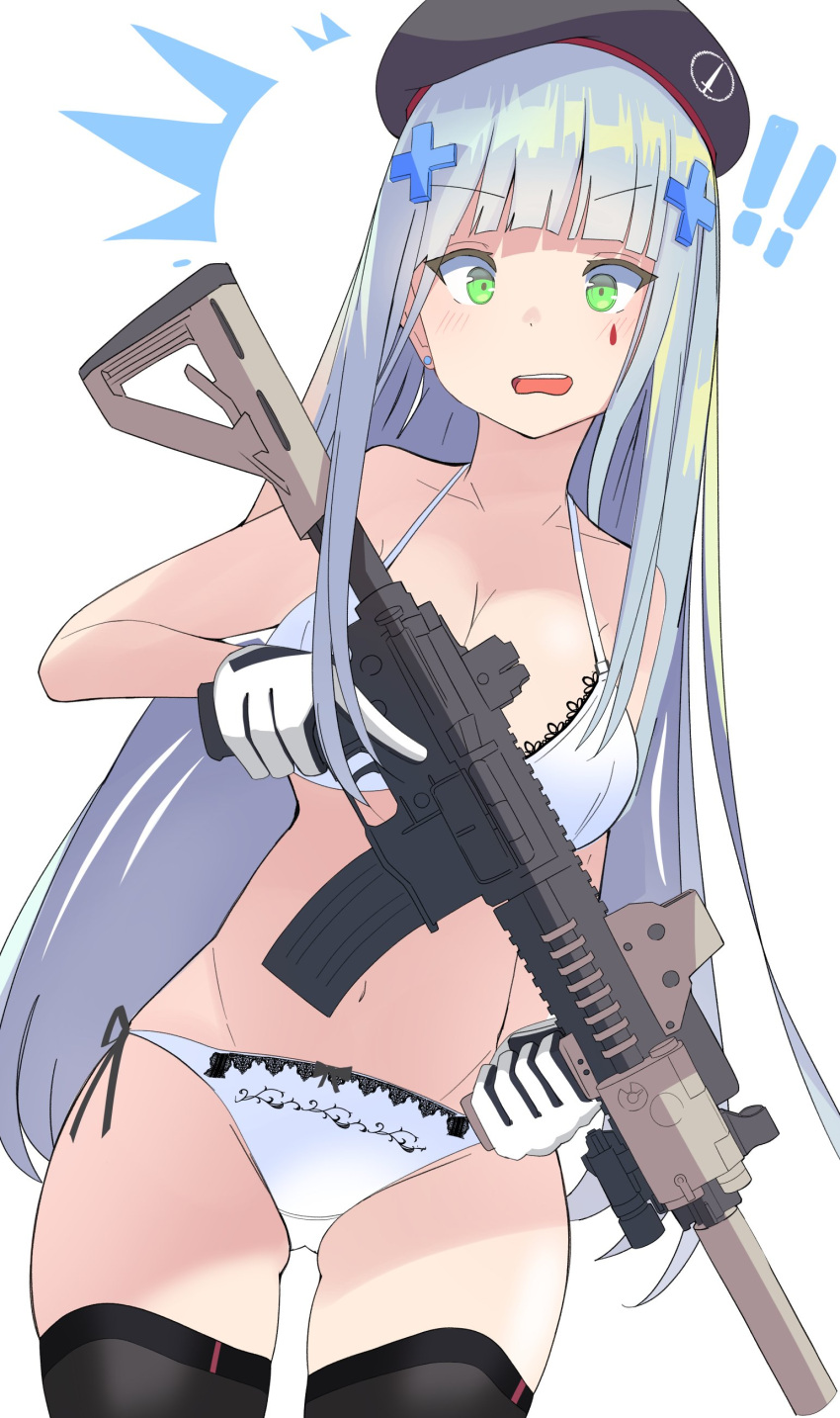 ! !! 1girl 416_day absurdres assault_rifle beret bikini blue_hair breasts cowboy_shot dated expressionless facial_mark girls'_frontline gloves green_eyes gun h&amp;k_hk416 hair_ornament hat highres hk416_(girls'_frontline) holding holding_gun holding_weapon large_breasts long_hair looking_at_viewer open_mouth panties pantyshot potryka2000 rifle solo straight_hair swimsuit thighhighs trigger_discipline twitter_username underwear weapon white_bikini white_gloves white_panties