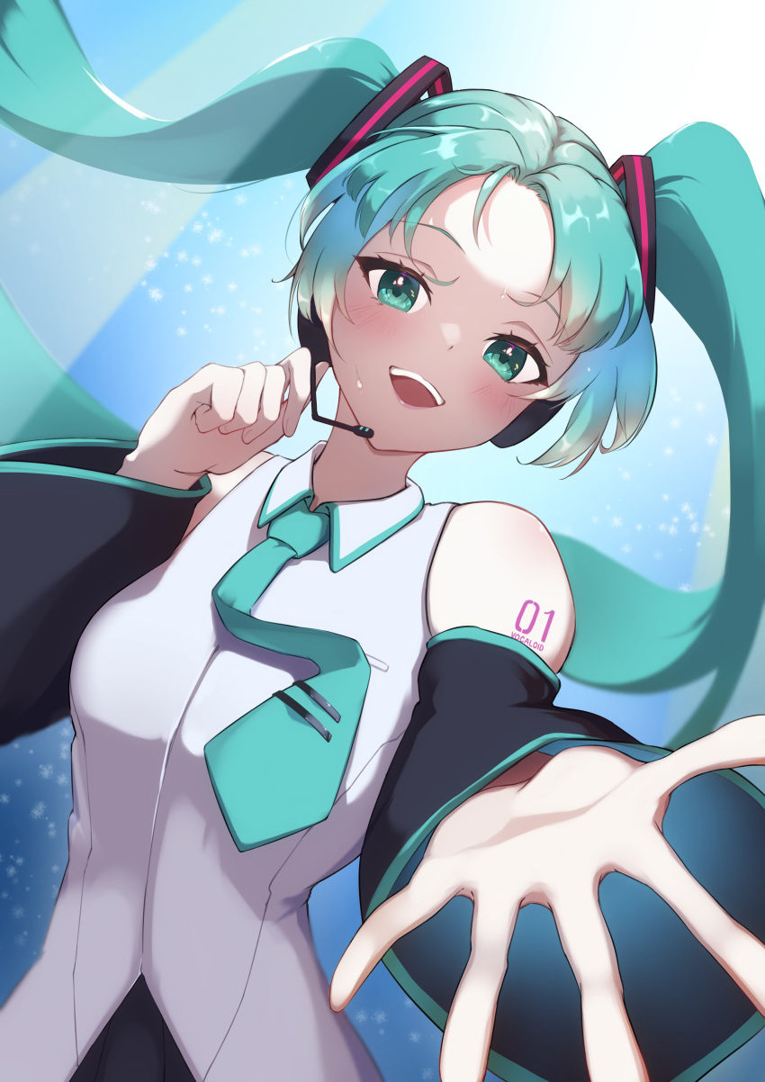 1girl absurdres aqua_background aqua_eyes aqua_hair aqua_necktie bare_shoulders black_sleeves blush breasts collared_shirt detached_sleeves grey_shirt hair_ornament hatsune_miku headphones headset highres long_hair looking_at_viewer necktie number_tattoo open_mouth reaching reaching_towards_viewer shirt sleeveless sleeveless_shirt small_breasts smile tattoo teeth tie_clip twintails upper_teeth_only vocaloid yuki_guni_(yukiworld_ww)