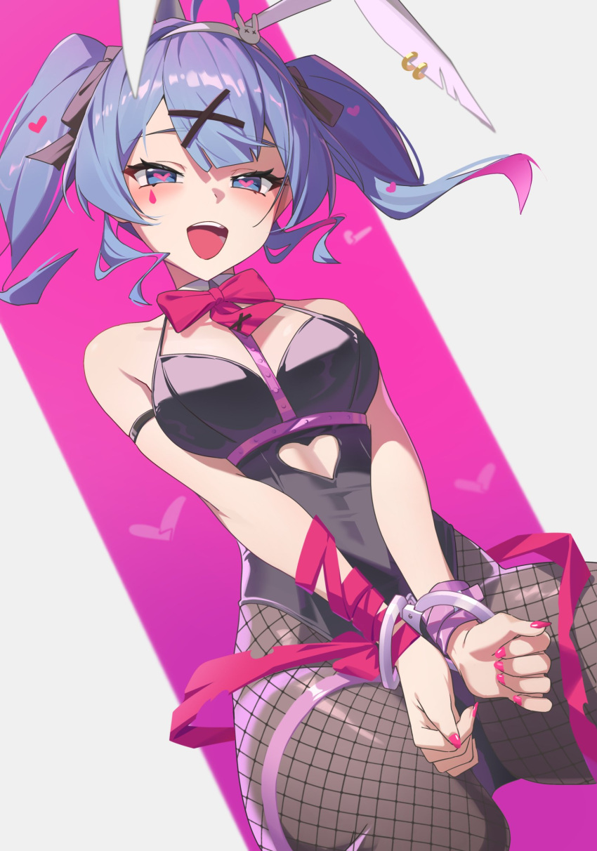 1girl animal_ears black_leotard black_ribbon blue_eyes blue_hair blush bow bowtie breasts cuffs detached_collar dutch_angle fake_animal_ears fishnet_pantyhose fishnets hair_ornament hair_ribbon hairclip handcuffs hashtag_only_commentary hatsune_miku heart heart-shaped_pupils highres leotard looking_at_viewer medium_breasts medium_hair open_mouth pantyhose playboy_bunny rabbit_ears rabbit_hole_(vocaloid) red_bow reulem ribbon solo symbol-shaped_pupils teardrop_facial_mark teeth tongue twintails vocaloid