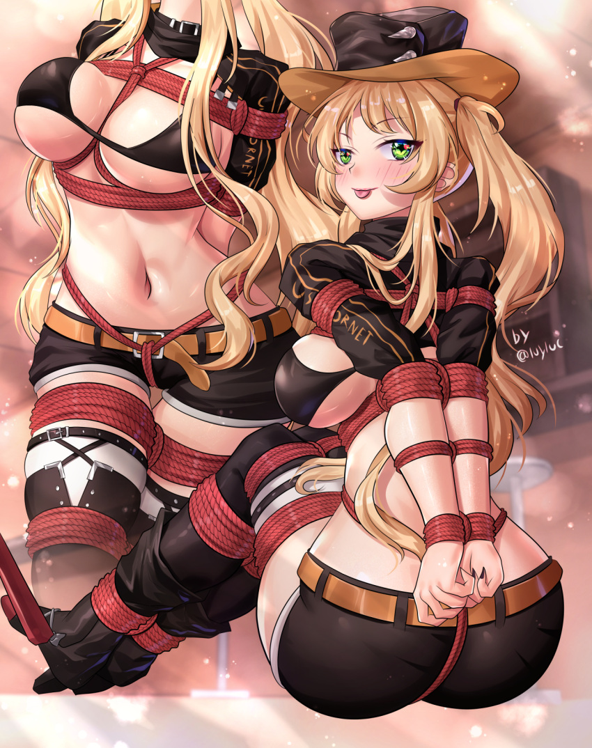 +_+ 1girl :p arms_behind_back ass azur_lane bdsm between_breasts bikini black_bikini black_bra black_shorts black_shrug blonde_hair blush bondage boots bound bound_arms bound_legs bra breasts breasts_apart character_name cowboy_hat crotch_rope english_commentary facing_viewer from_behind full_body green_eyes hat heart heart_in_eye high_heel_boots high_heels highres hip_focus hornet_(azur_lane) knees_up large_breasts legs_together long_hair looking_at_viewer looking_back luyluc medium_breasts midriff multiple_views naughty_face navel restrained revealing_clothes shibari short_shorts shorts skindentation stomach swimsuit symbol_in_eye teasing thigh_gap thighhighs thighs tongue tongue_out twintails underwear very_long_hair